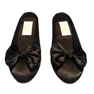 Vintage Victoria's Secret Satin Bow Slippers Slip On Mules Black Womens Size 5/6